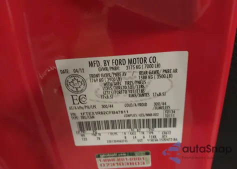 2012 Ford F150 Svt Raptor z USA, uszkodzony, nr VIN 1FTEX1R62CFB47811